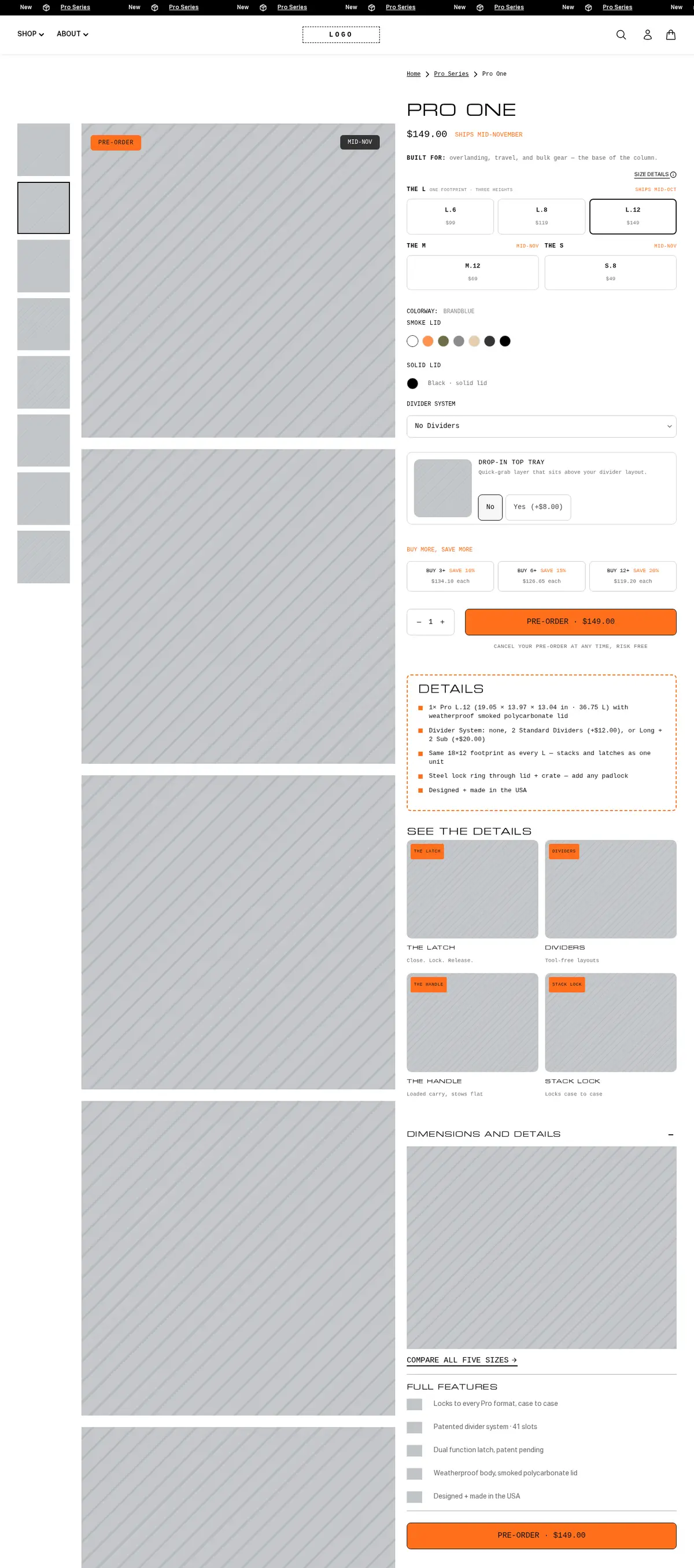 Desktop product page with photos hidden: gallery, pre-order button, size picker, options, details and feature list.